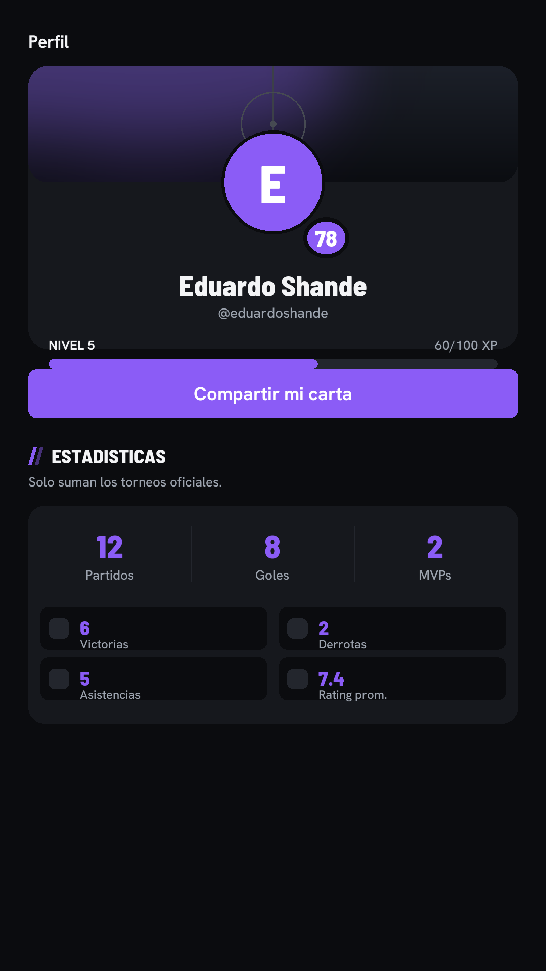 Perfil de jugador con valoracion
